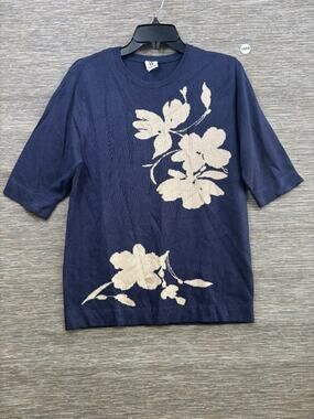 Wrapper Elbow Short Sleeve Knit Sweater Womens Size M Navy Blue Floral Print